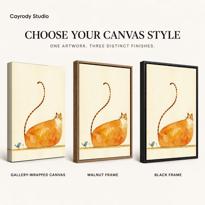 Long Tailed Cat artwork finish chart showing gallery wrapped canvas, walnut frame, and black frame options.