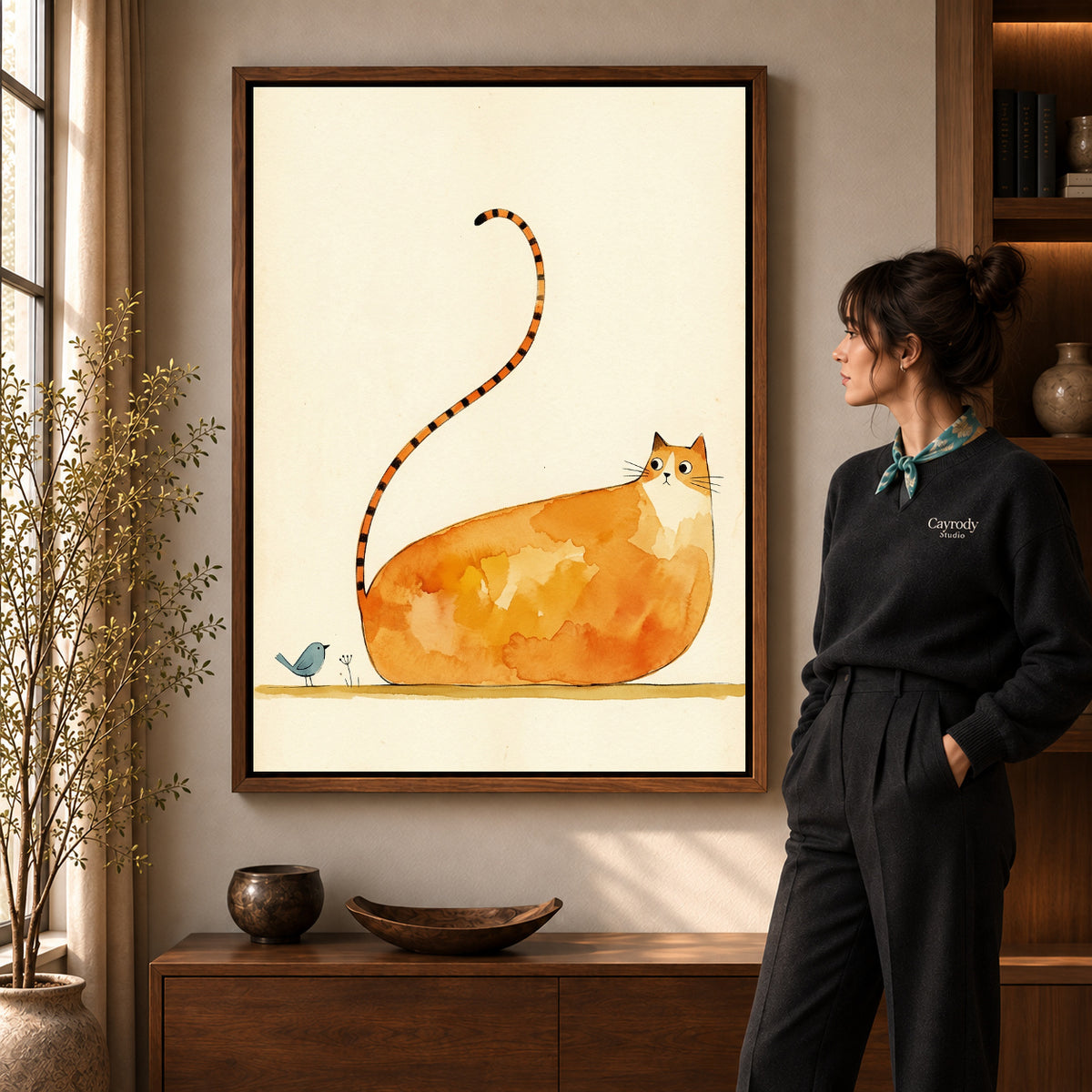 Walnut framed long tailed cat artwork scene assigned to all six walnut framed canvas sizes.