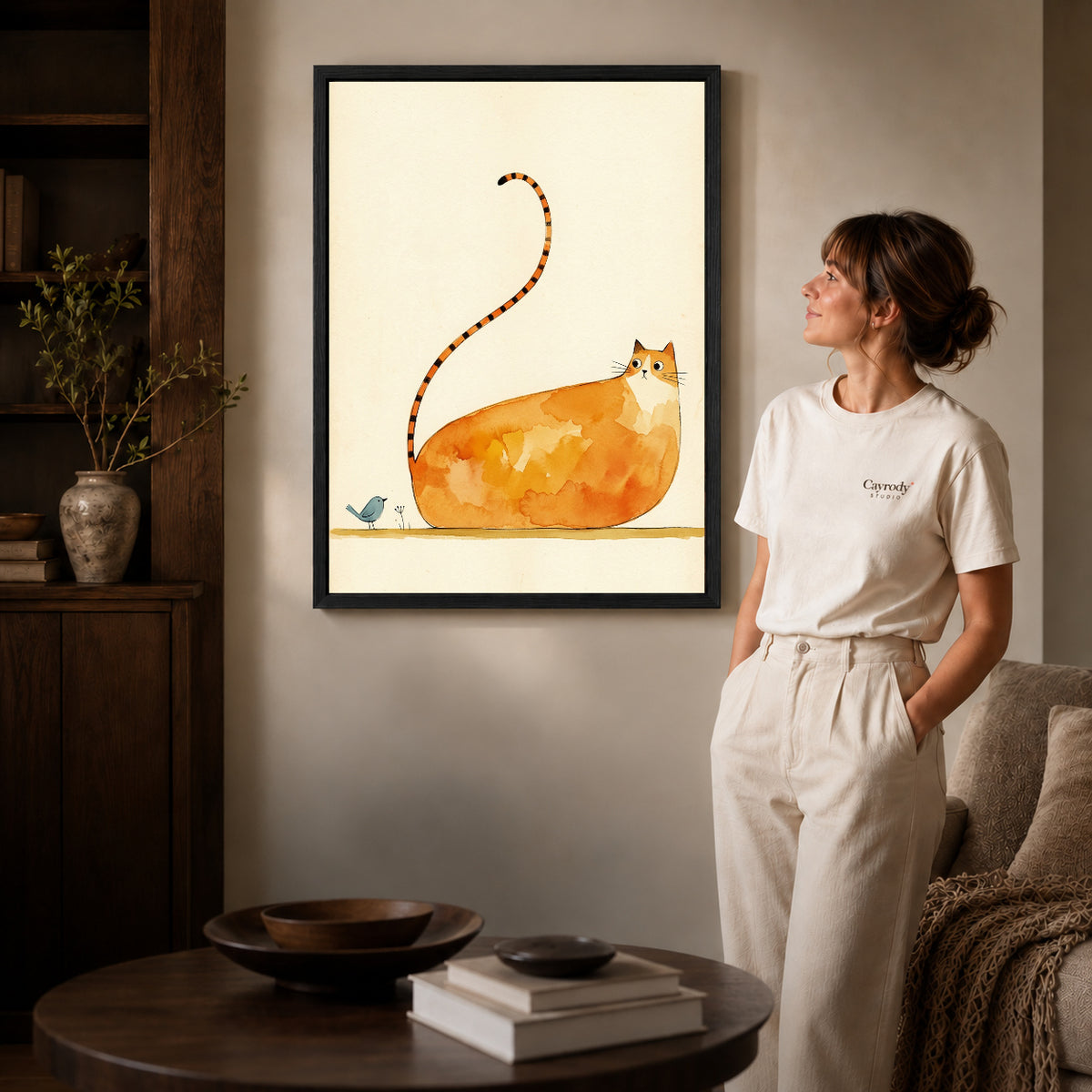 Black framed long tailed cat artwork scene assigned to all six black framed canvas sizes.