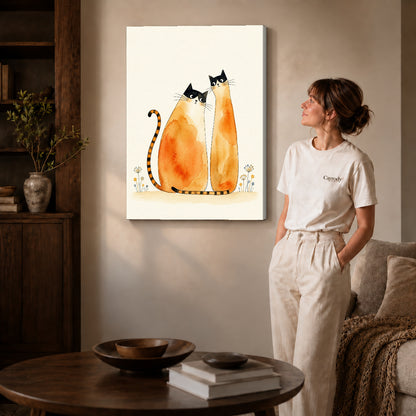 Gallery wrapped watercolor cat pair artwork with shaded canvas edges beside a woman wearing cream clothing.