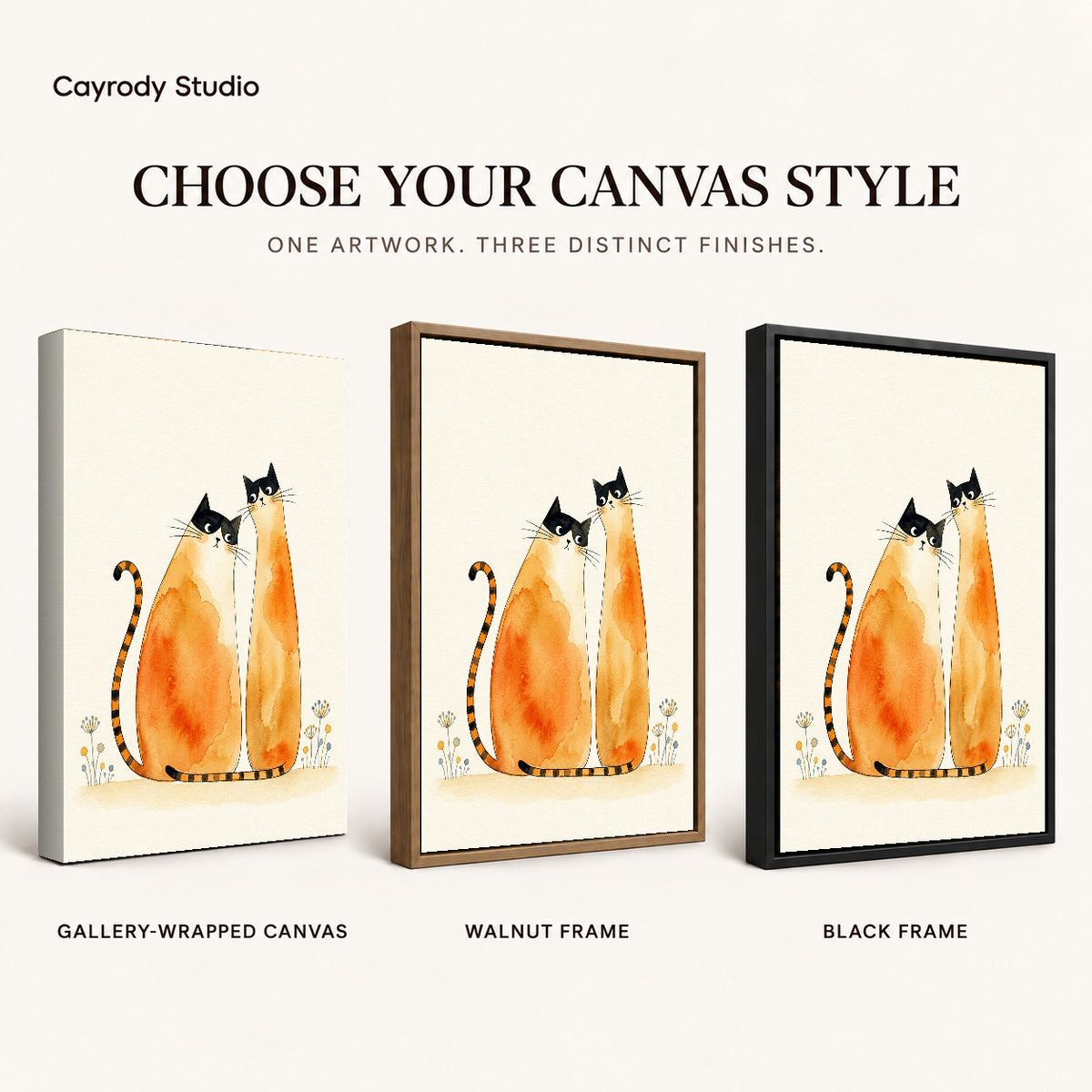 Watercolor Cat Pair artwork finish chart showing gallery wrapped canvas, walnut frame, and black frame options.