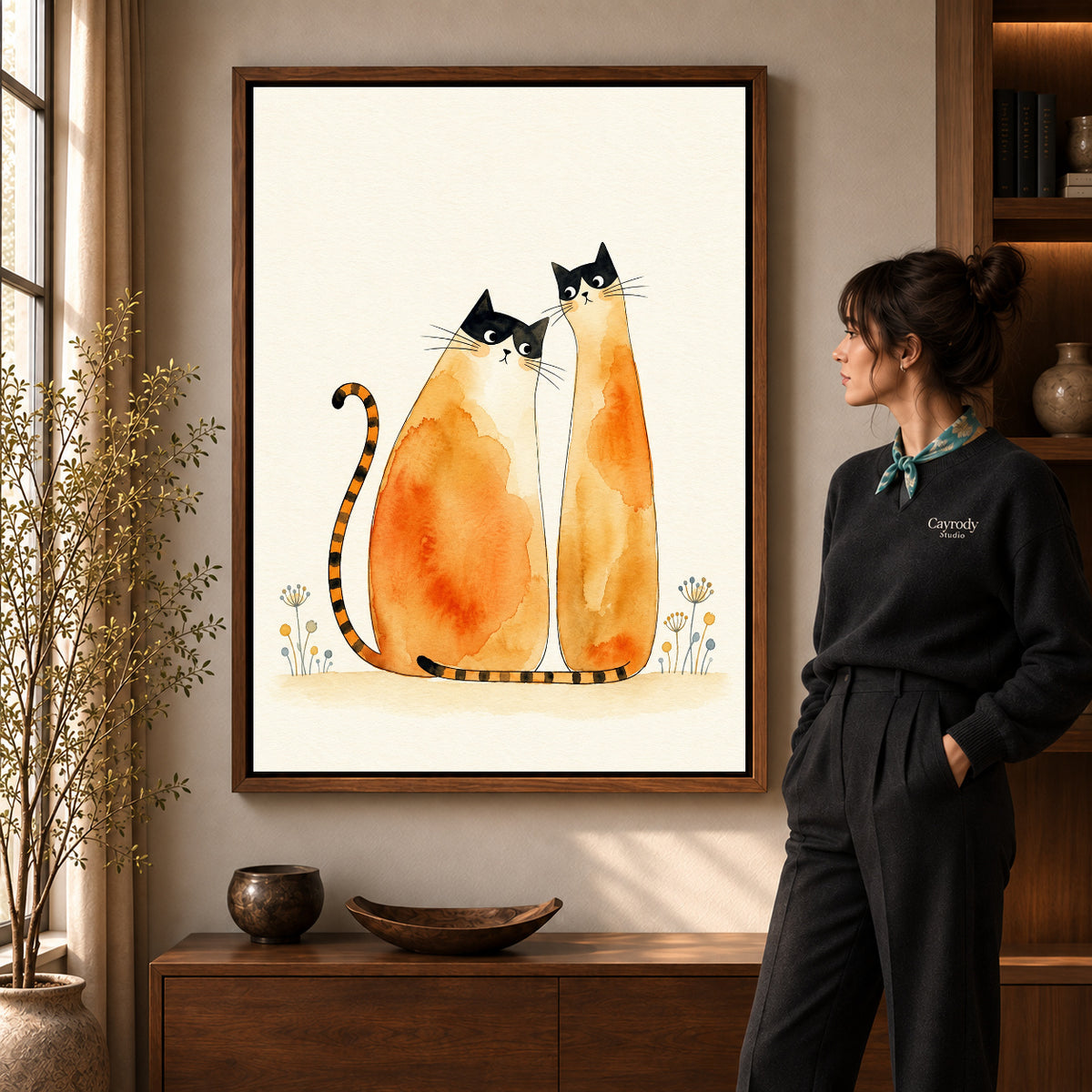 Walnut framed watercolor cat pair artwork scene assigned to all six walnut framed canvas sizes.