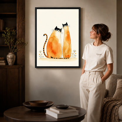 Black framed watercolor cat pair artwork scene assigned to all six black framed canvas sizes.