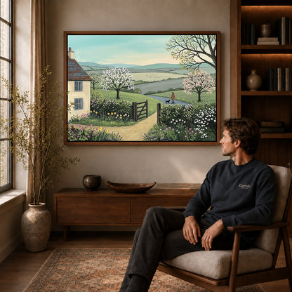 Walnut framed blossom cottage path artwork above a seated man in a wood furnished living room.