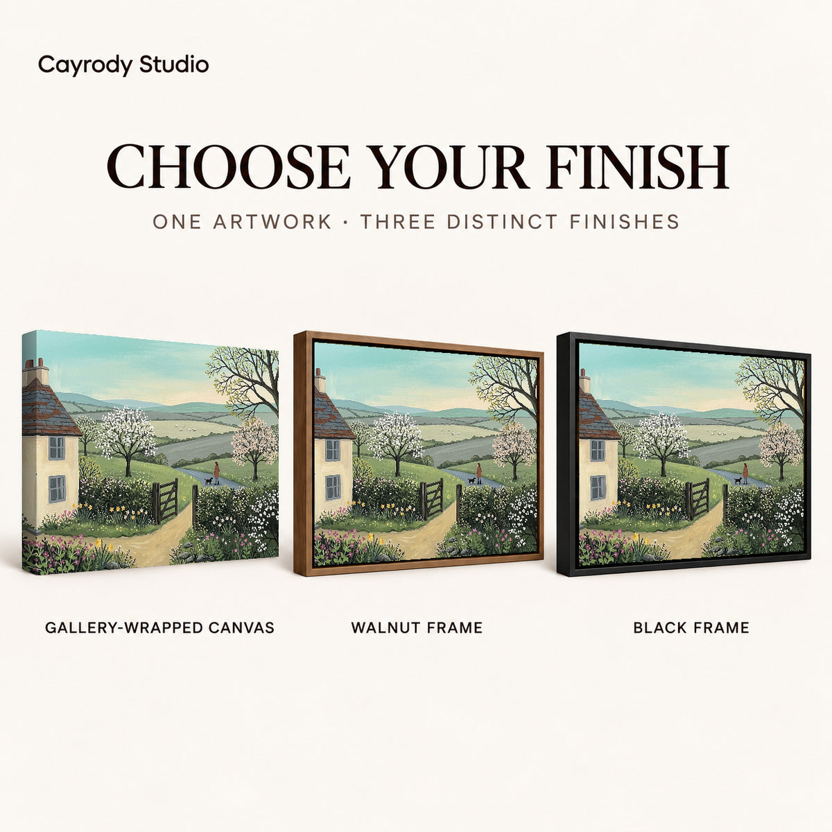 Blossom Cottage Path artwork finish chart showing gallery wrapped canvas, walnut frame, and black frame options.