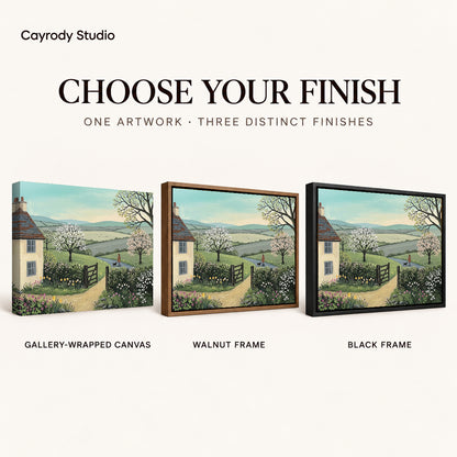 Blossom Cottage Path artwork finish chart showing gallery wrapped canvas, walnut frame, and black frame options.