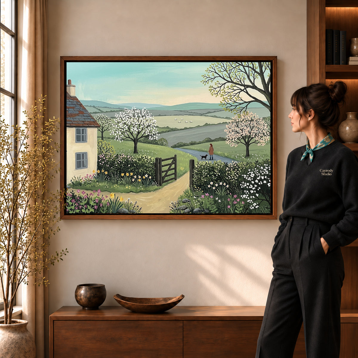 Walnut framed blossom cottage path artwork scene assigned to all six walnut framed canvas sizes.