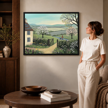 Black framed blossom cottage path artwork scene assigned to all six black framed canvas sizes.