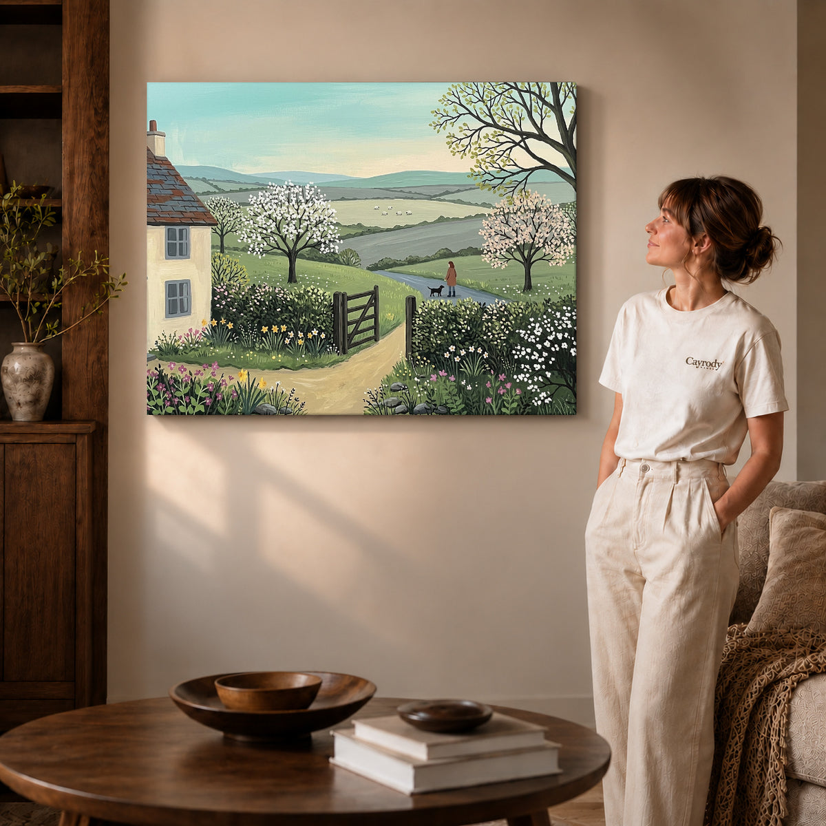 Gallery wrapped blossom cottage path artwork scene assigned to all six unframed wrapped canvas sizes.
