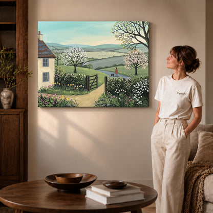 Gallery wrapped blossom cottage path artwork scene assigned to all six unframed wrapped canvas sizes.