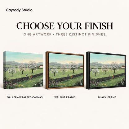 Spring Meadow Walk artwork finish chart showing gallery wrapped canvas, walnut frame, and black frame options.