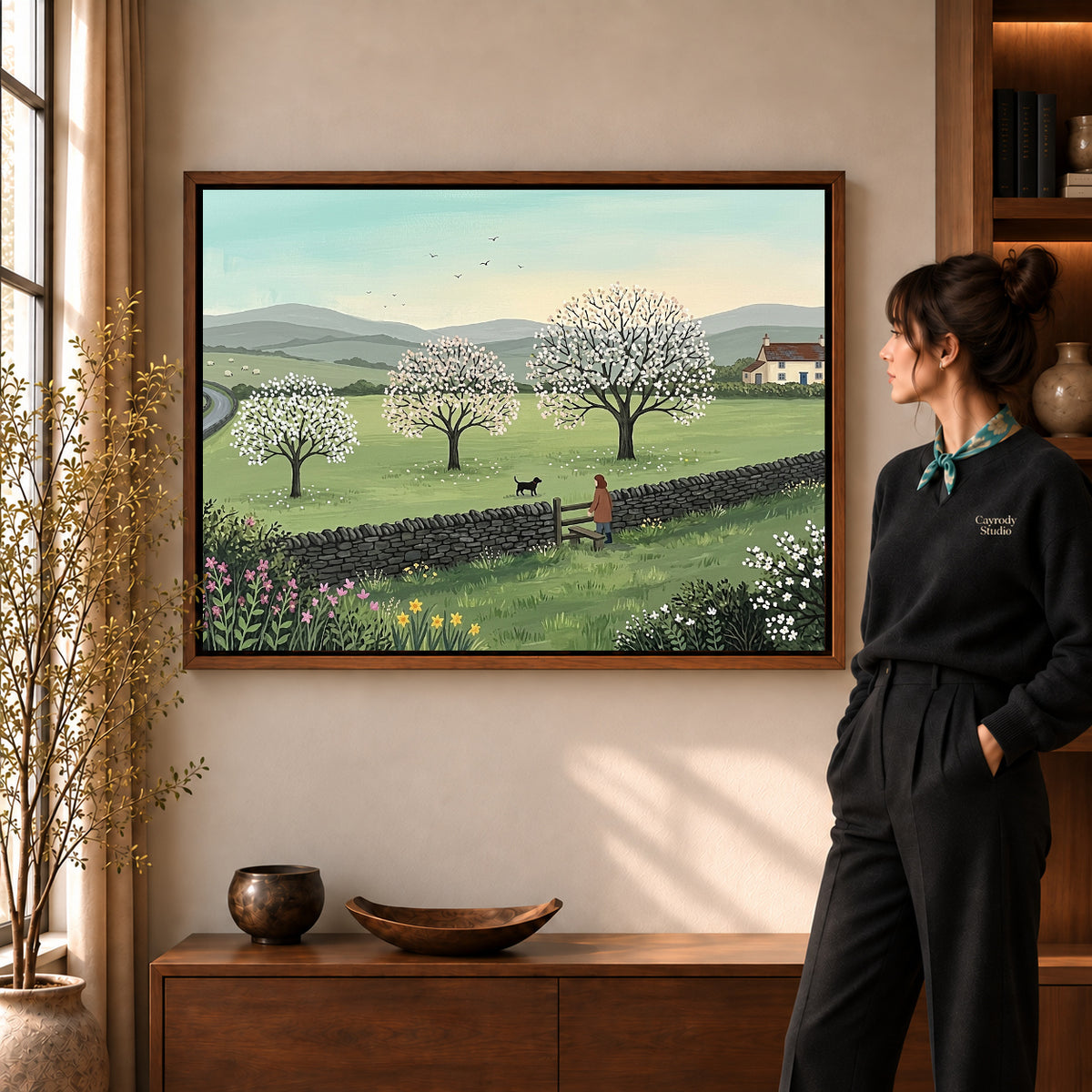 Walnut framed spring meadow walk artwork scene assigned to all six walnut framed canvas sizes.