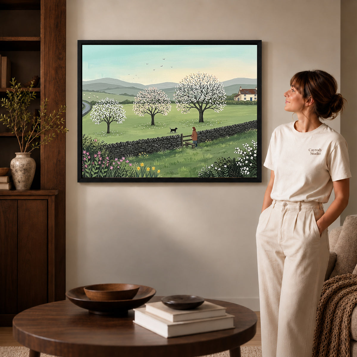 Black framed spring meadow walk artwork scene assigned to all six black framed canvas sizes.