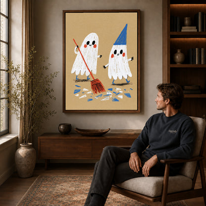 Walnut framed ghost cleanup friends artwork above a seated man in a wood furnished living room.