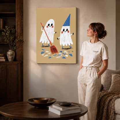 Gallery wrapped ghost cleanup friends artwork with shaded canvas edges beside a woman wearing cream clothing.