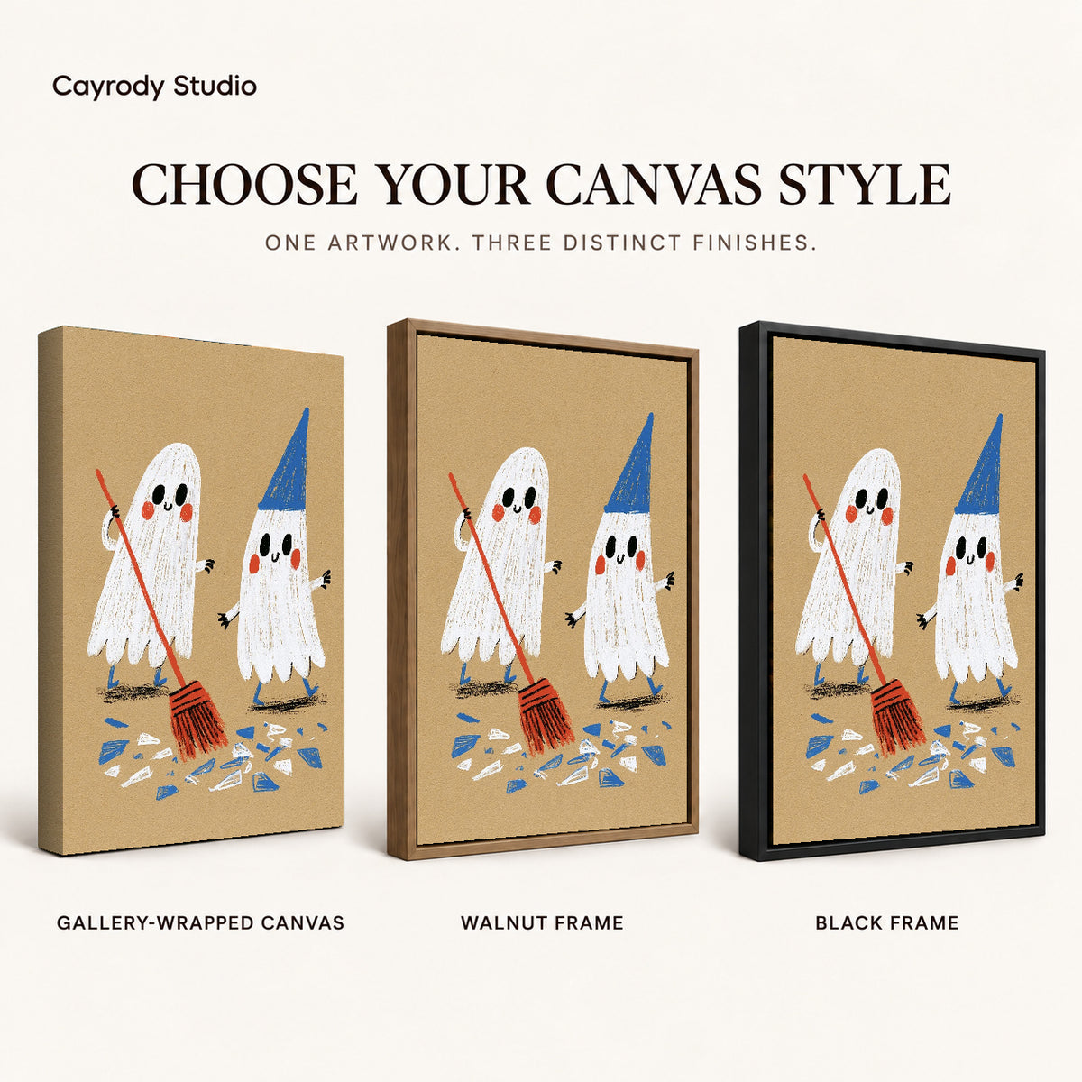 Ghost Cleanup Friends artwork finish chart showing gallery wrapped canvas, walnut frame, and black frame options.