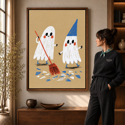 Walnut framed ghost cleanup friends artwork scene assigned to all six walnut framed canvas sizes.