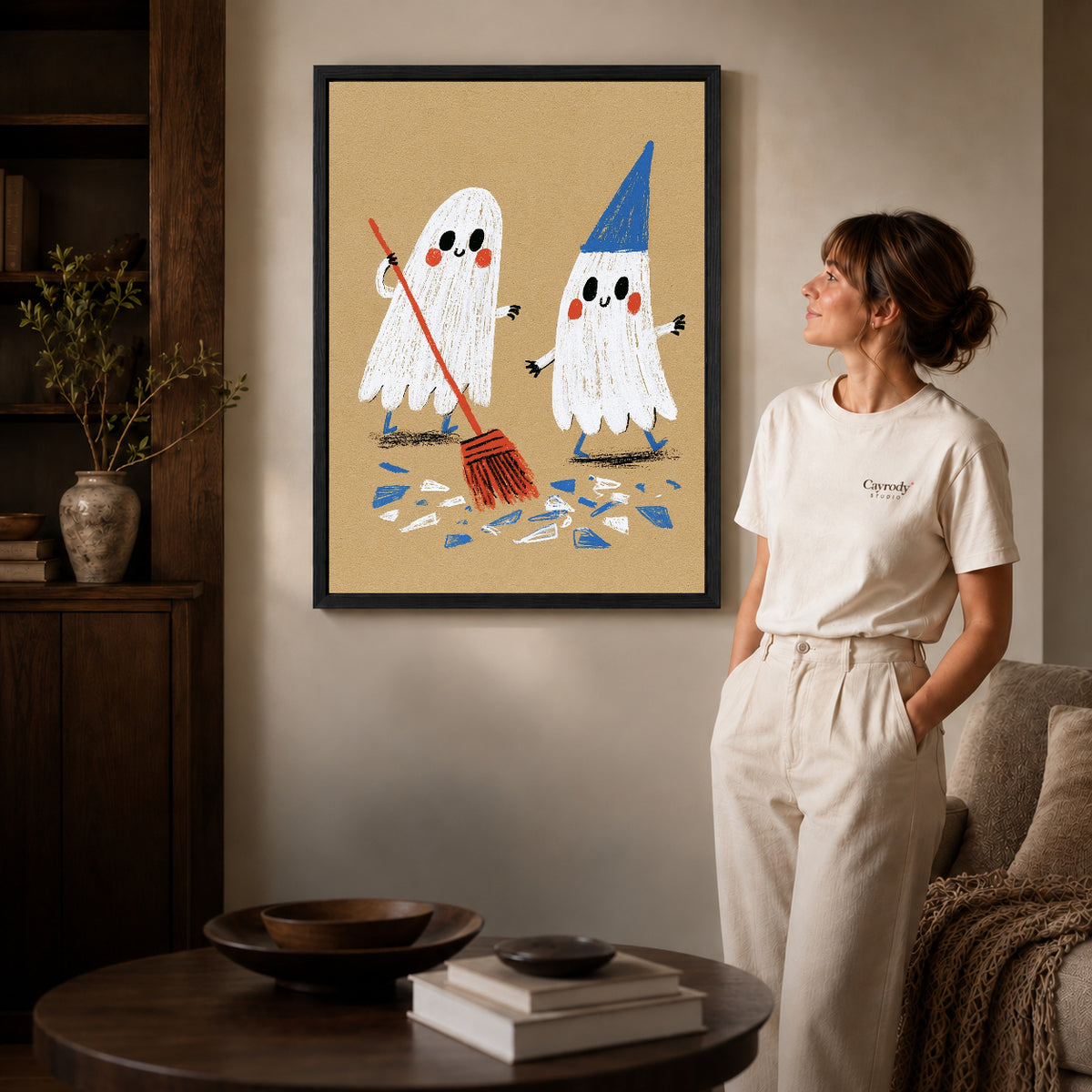 Black framed ghost cleanup friends artwork scene assigned to all six black framed canvas sizes.