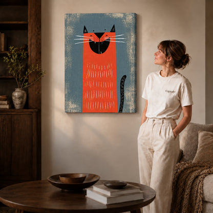 Gallery wrapped grinning red cat artwork with shaded canvas edges beside a woman wearing cream clothing.