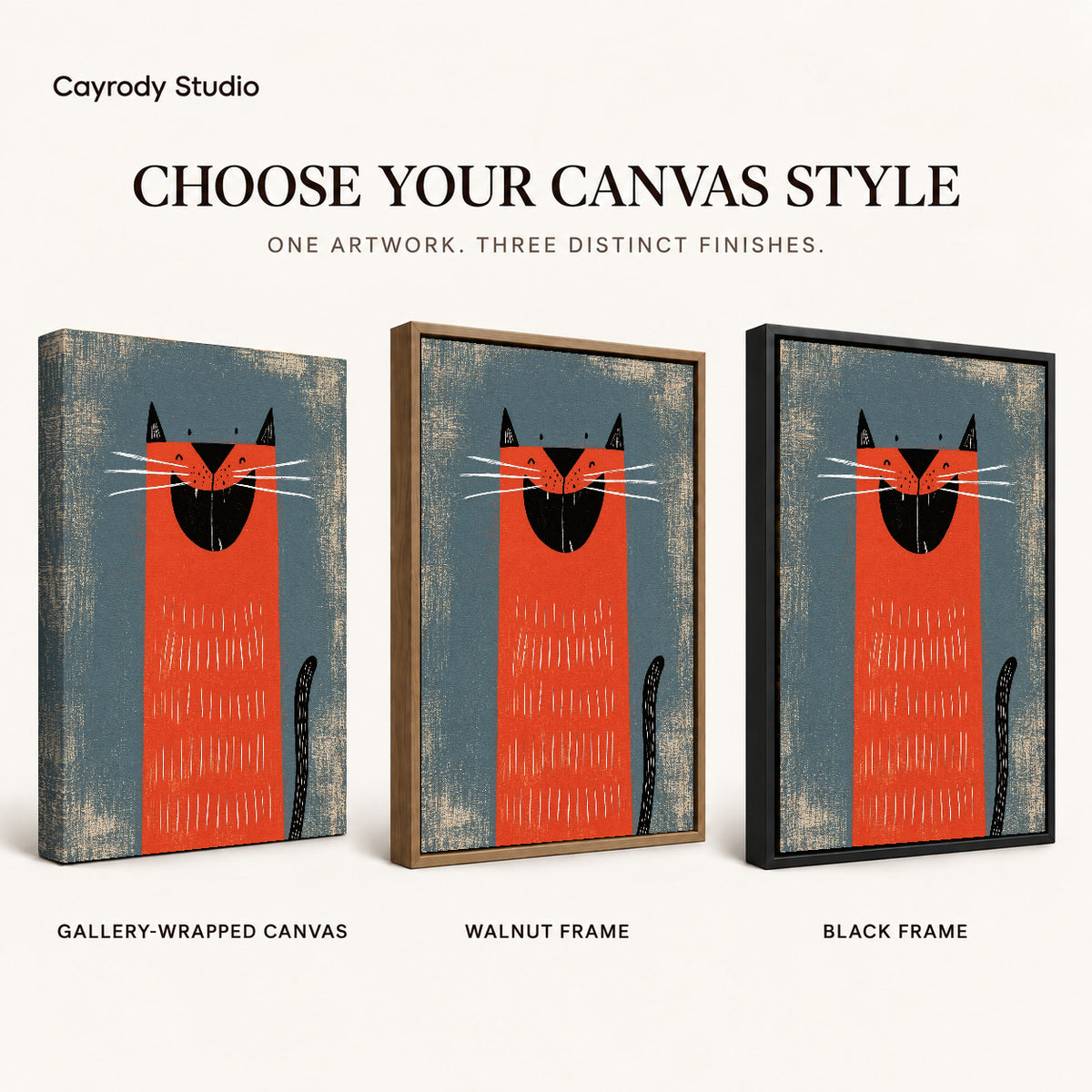 Grinning Red Cat artwork finish chart showing gallery wrapped canvas, walnut frame, and black frame options.