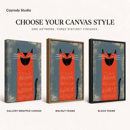 Grinning Red Cat artwork finish chart showing gallery wrapped canvas, walnut frame, and black frame options.