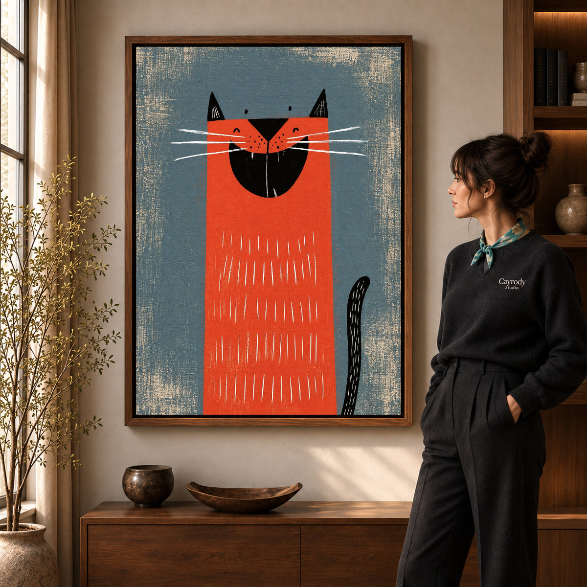 Walnut framed grinning red cat artwork scene assigned to all six walnut framed canvas sizes.