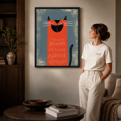Black framed grinning red cat artwork scene assigned to all six black framed canvas sizes.