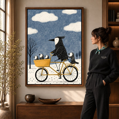 Bicycle Bird Family artwork in a walnut frame beside a standing woman in a warm room.