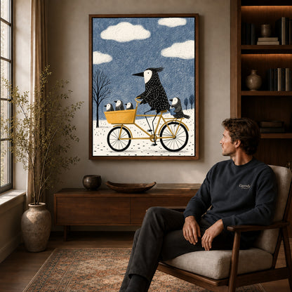 Walnut framed bicycle bird family artwork above a seated man in a wood furnished living room.