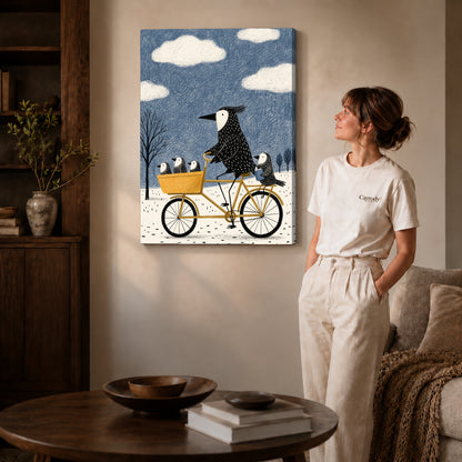 Gallery wrapped bicycle bird family artwork with shaded canvas edges beside a woman wearing cream clothing.