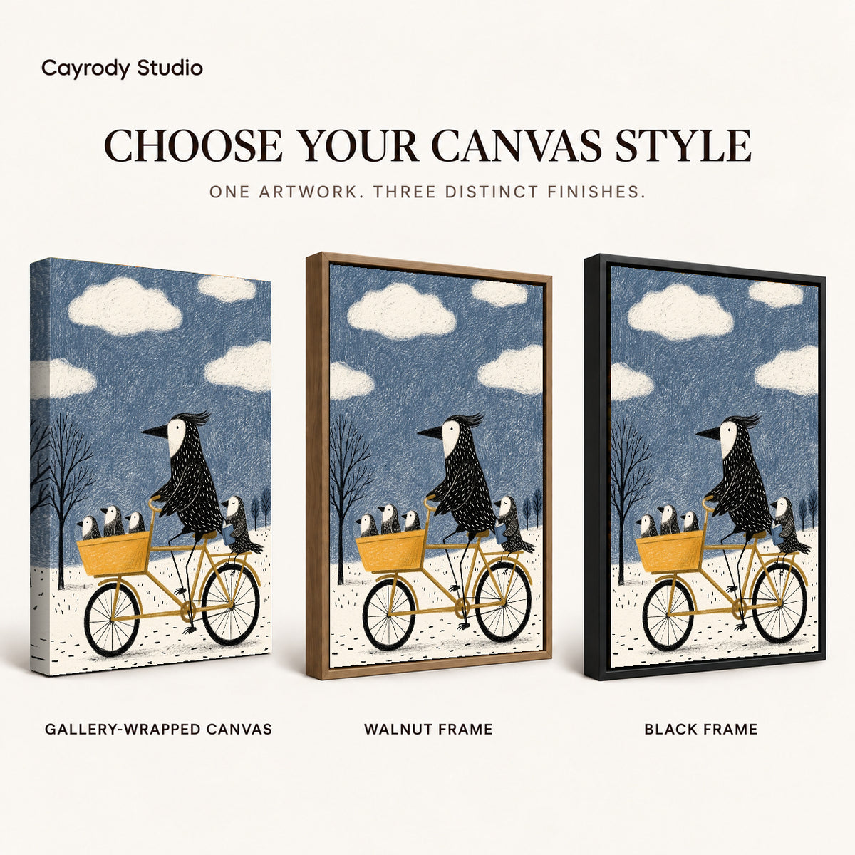 Bicycle Bird Family artwork finish chart showing gallery wrapped canvas, walnut frame, and black frame options.