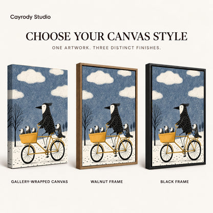 Bicycle Bird Family artwork finish chart showing gallery wrapped canvas, walnut frame, and black frame options.