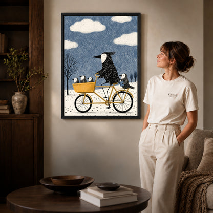 Black framed bicycle bird family artwork scene assigned to all six black framed canvas sizes.