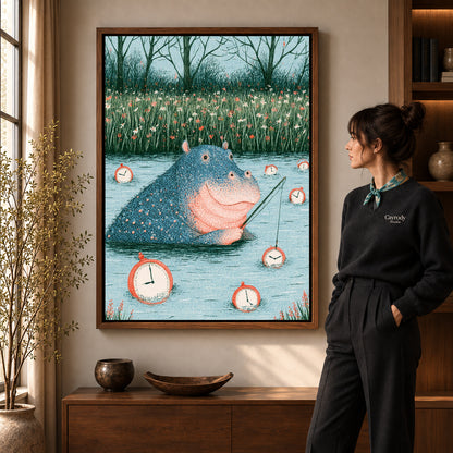 Hippo Fishing Time artwork in a walnut frame beside a standing woman in a warm room.