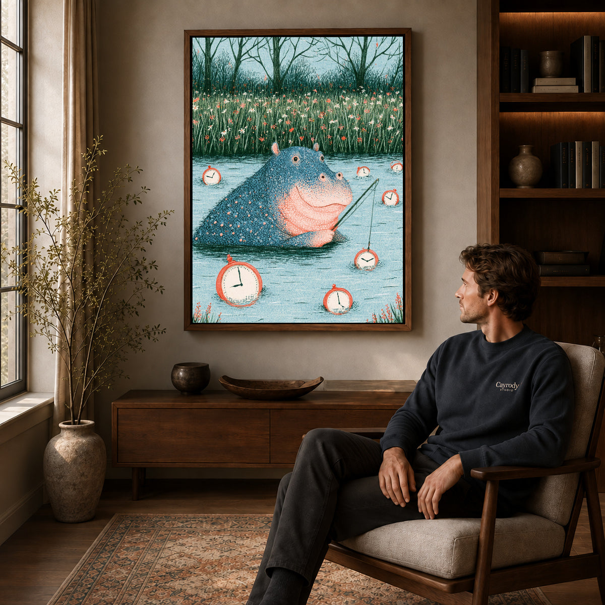 Walnut framed hippo fishing time artwork above a seated man in a wood furnished living room.