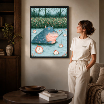 Black framed hippo fishing time artwork beside a woman in a warm neutral living room.