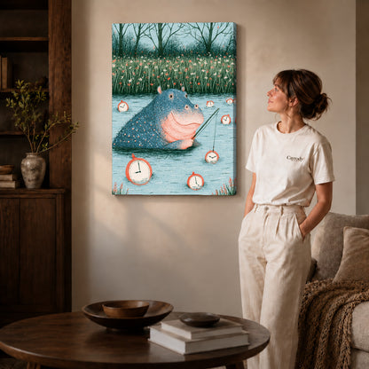 Gallery wrapped hippo fishing time artwork scene assigned to all six unframed wrapped canvas sizes.