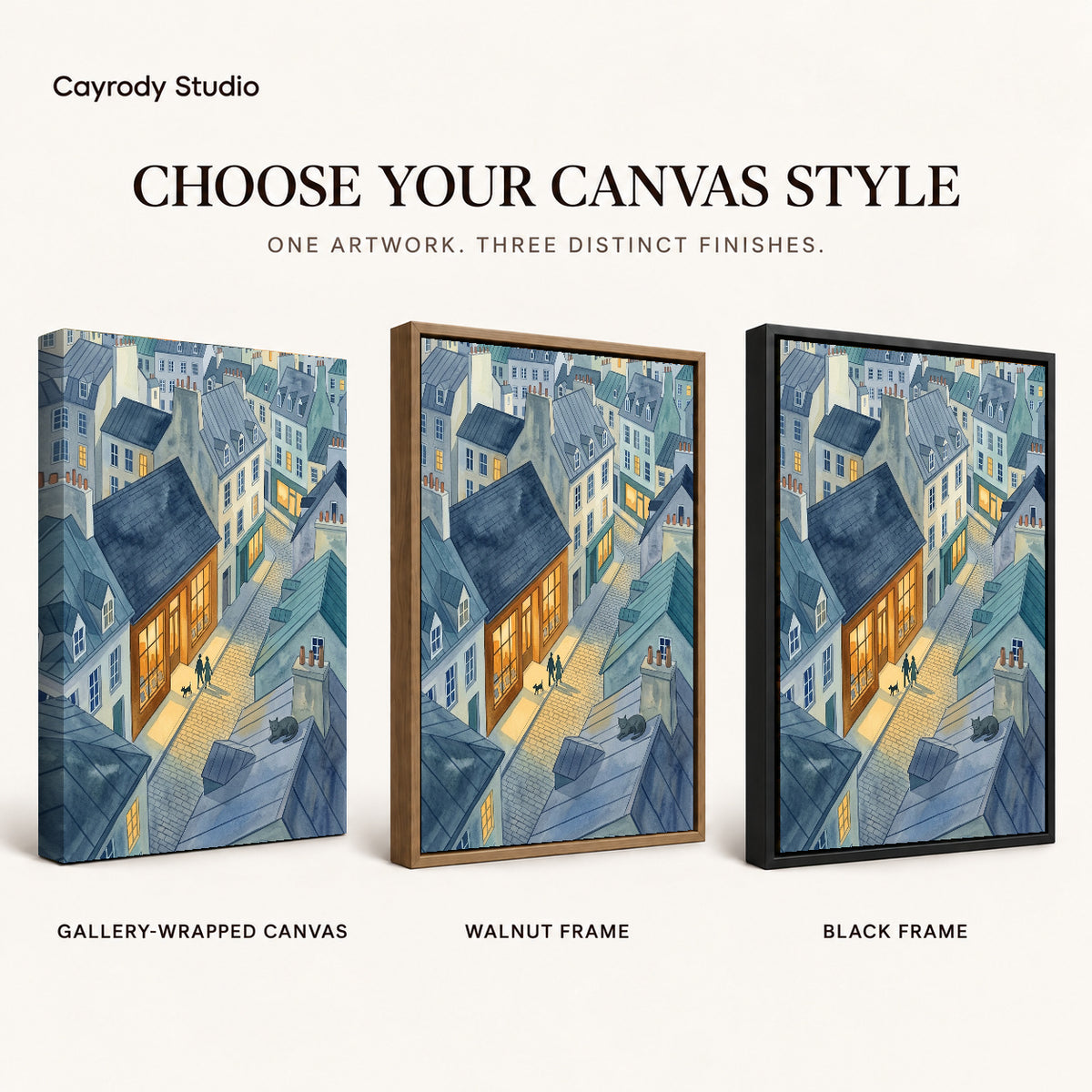 Blue Rooftop Evening artwork finish chart showing gallery wrapped canvas, walnut frame, and black frame options.