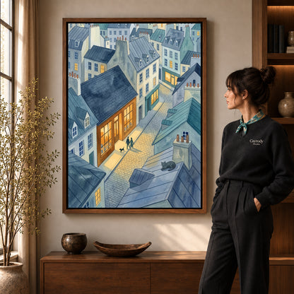 Walnut framed blue rooftop evening artwork scene assigned to all six walnut framed canvas sizes.