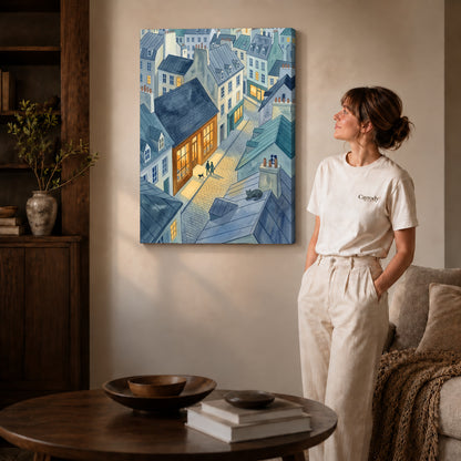 Gallery wrapped blue rooftop evening artwork scene assigned to all six unframed wrapped canvas sizes.