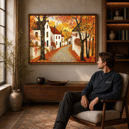 Walnut framed golden village lane artwork above a seated man in a wood furnished living room.