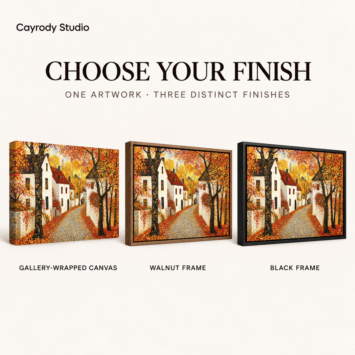 Golden Village Lane artwork finish chart showing gallery wrapped canvas, walnut frame, and black frame options.