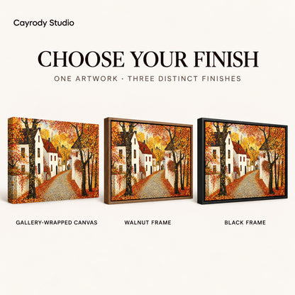Golden Village Lane artwork finish chart showing gallery wrapped canvas, walnut frame, and black frame options.