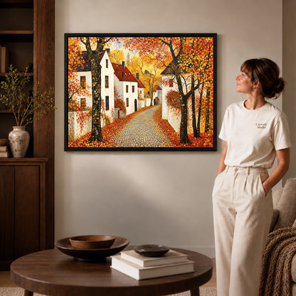 Black framed golden village lane artwork scene assigned to all six black framed canvas sizes.
