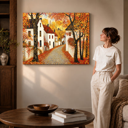 Gallery wrapped golden village lane artwork scene assigned to all six unframed wrapped canvas sizes.