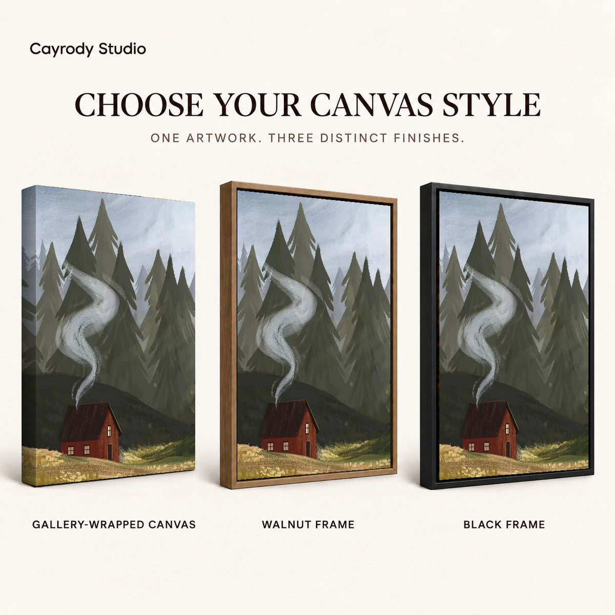 Forest Cabin Smoke artwork finish chart showing gallery wrapped canvas, walnut frame, and black frame options.