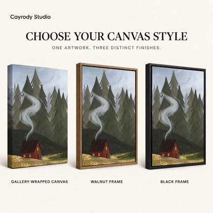 Forest Cabin Smoke artwork finish chart showing gallery wrapped canvas, walnut frame, and black frame options.