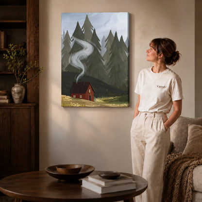 Gallery wrapped forest cabin smoke artwork scene assigned to all six unframed wrapped canvas sizes.