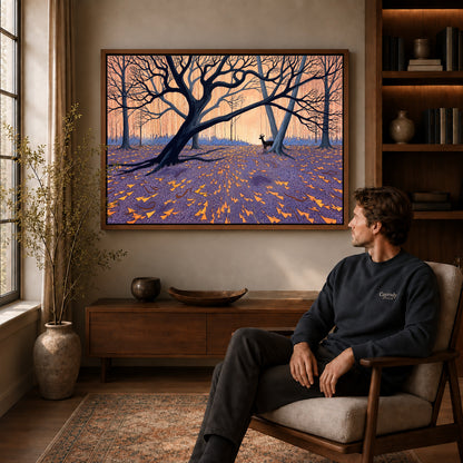 Walnut framed twilight forest deer artwork above a seated man in a wood furnished living room.