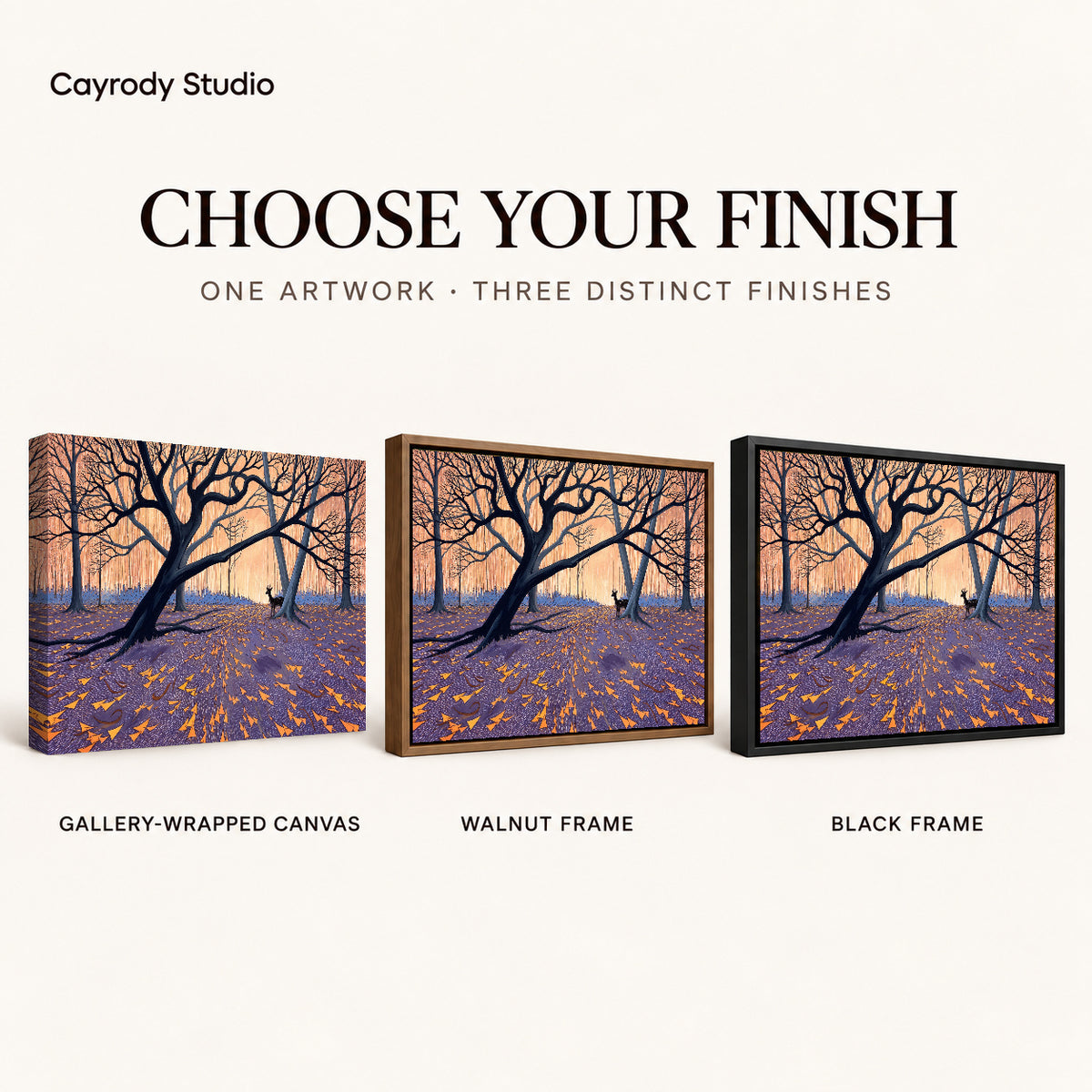 Twilight Forest Deer artwork finish chart showing gallery wrapped canvas, walnut frame, and black frame options.